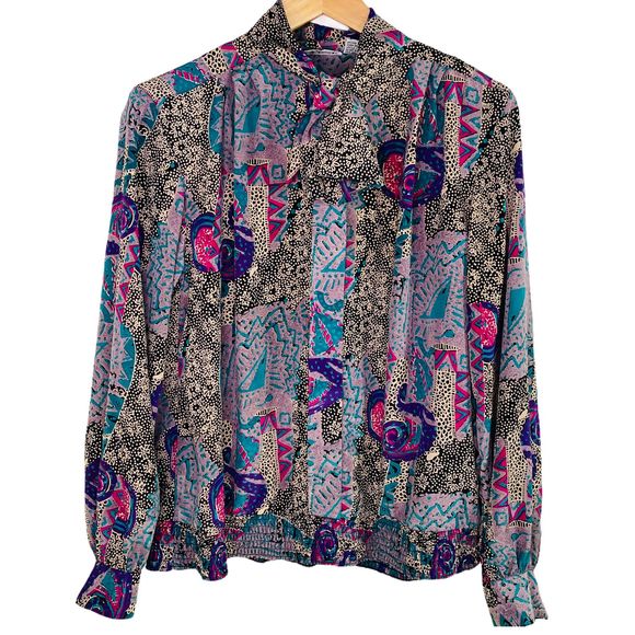 Vintage Tops - Vintage 80s Abstract Ascot Tie Neck Blouse